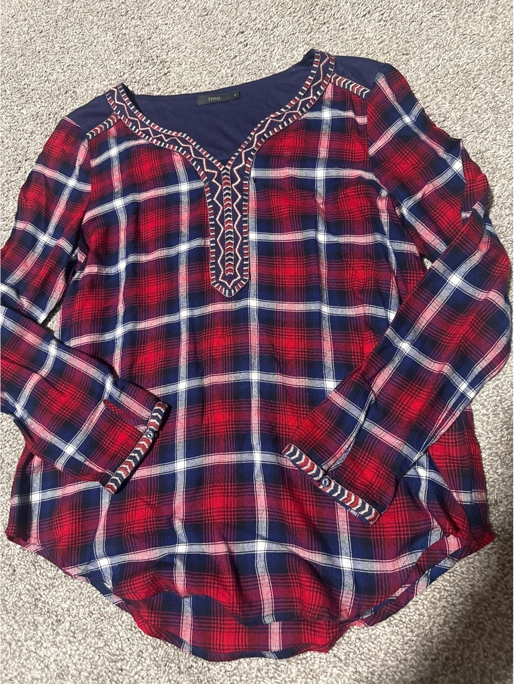 Anthropologie THML Women's Long Sleeve Plaid Tunic Top with Embroidery